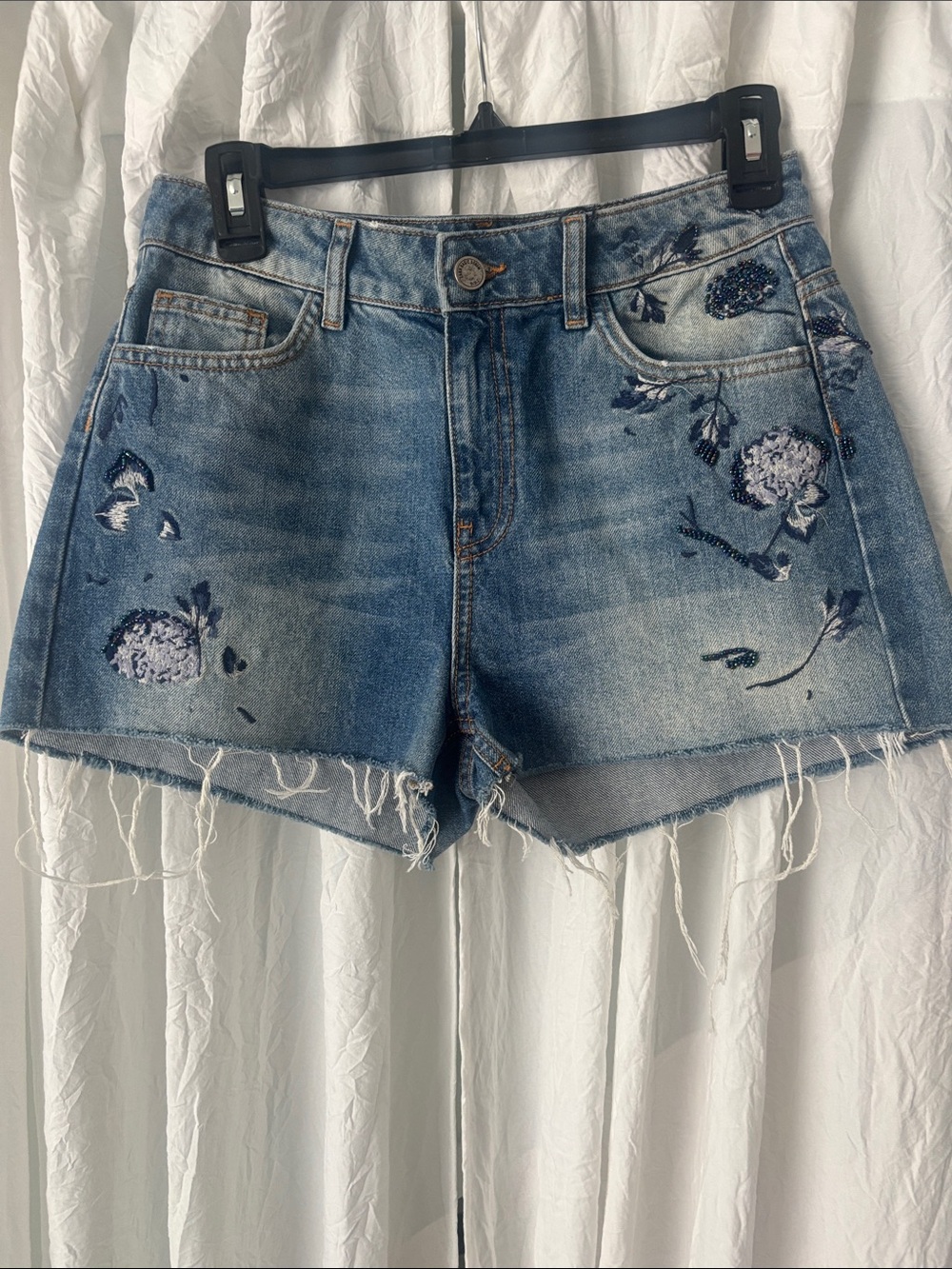 Zara Blue Denim Floral Embroidered Cutoff Shorts